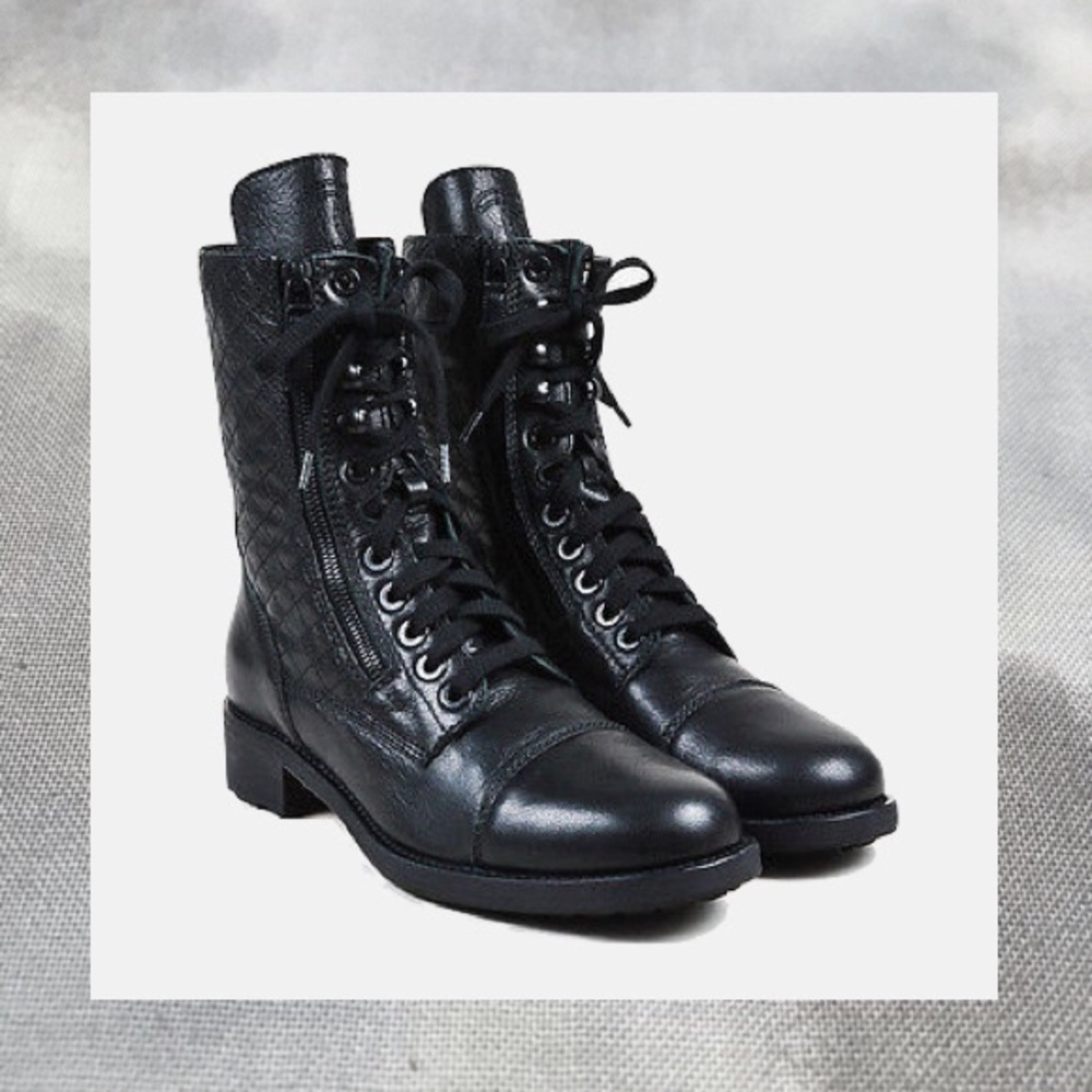 CHANEL black quilted leather cc combat boots